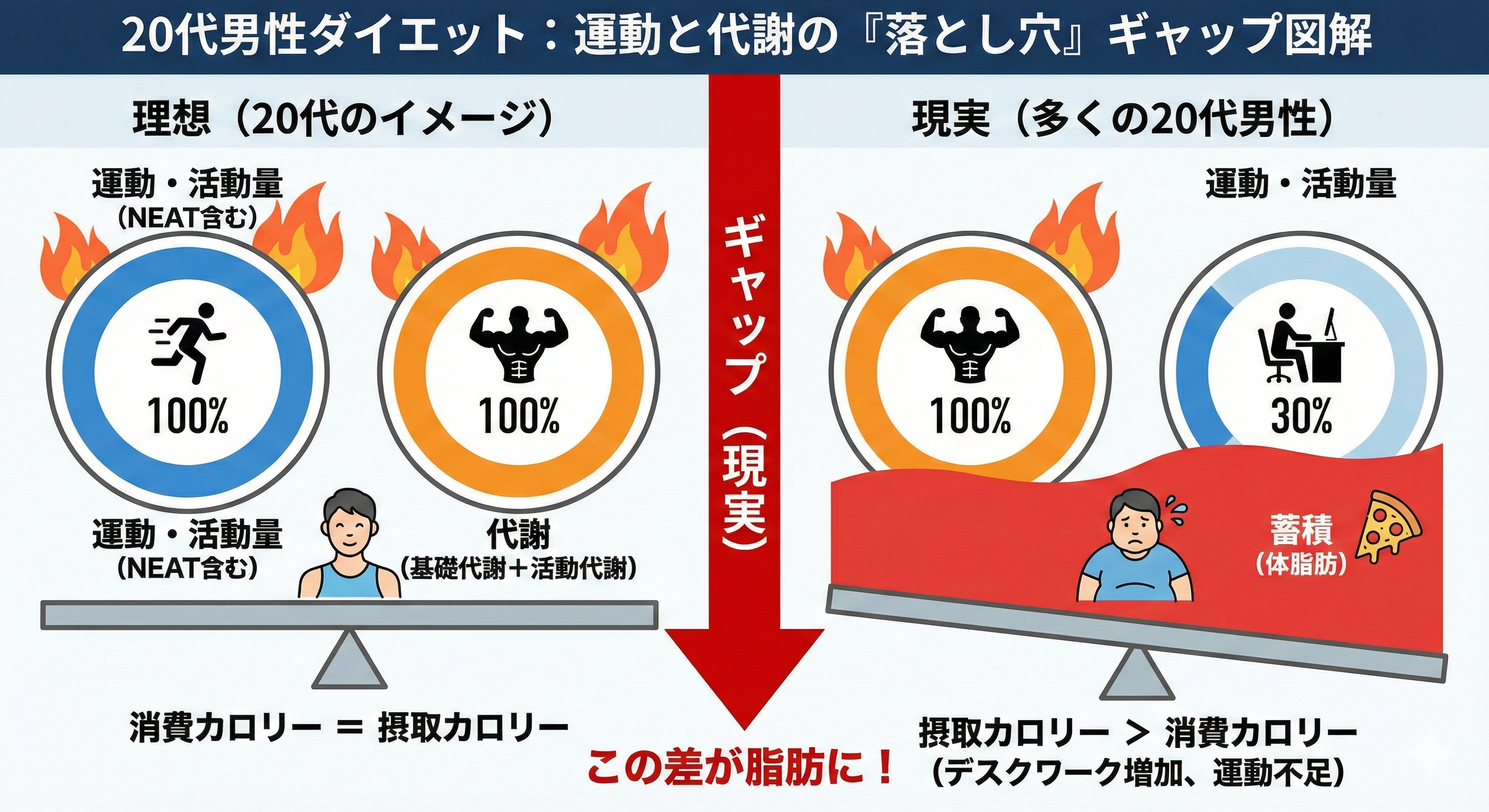 運動量と代謝のギャップ図解