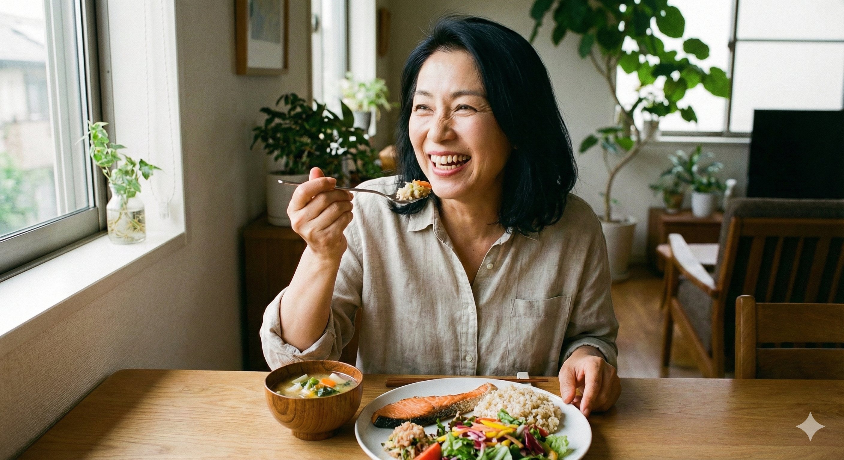 50代女性が笑顔で健康的な食事をしている様子