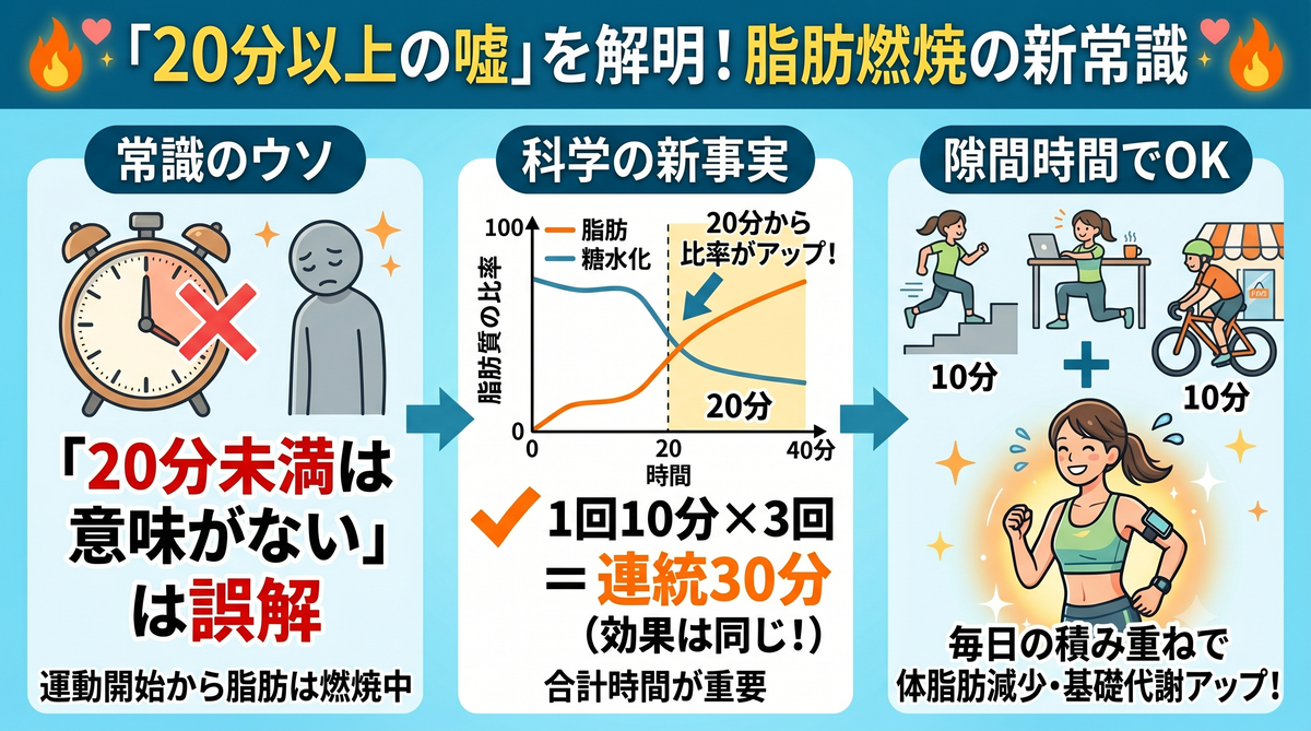 運動時間と脂肪燃焼割合の変化を示すグラフイメージ