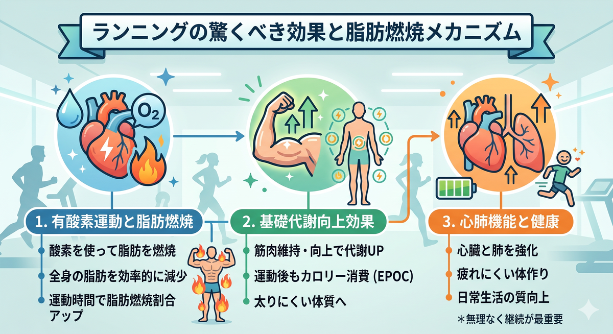 ランニング中の全身運動と代謝アップのイメージ