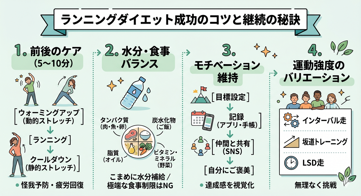 ストレッチをする人、水分補給をする人など、ランニング前後のケアのイメージ