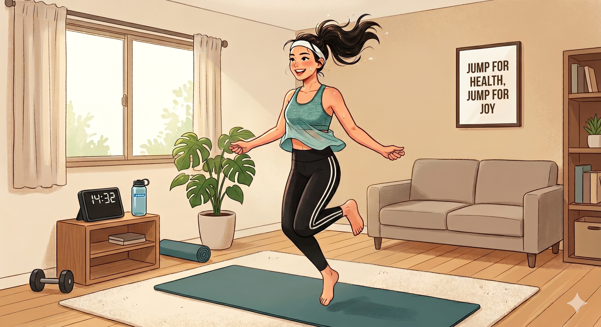 エア縄跳びで室内でダイエットする女性のイラスト