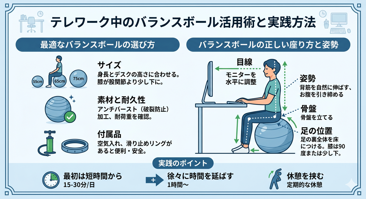 バランスボールに正しい姿勢で座り、パソコンに向かっている人の画像