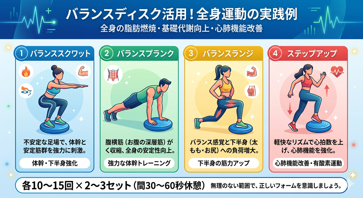 バランスディスクを使ったエクササイズをする人