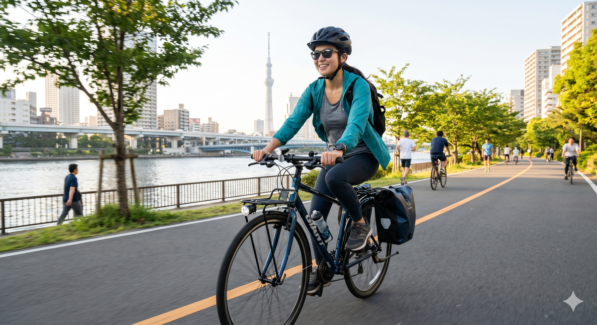 自転車通勤で健康的に有酸素運動を行う様子