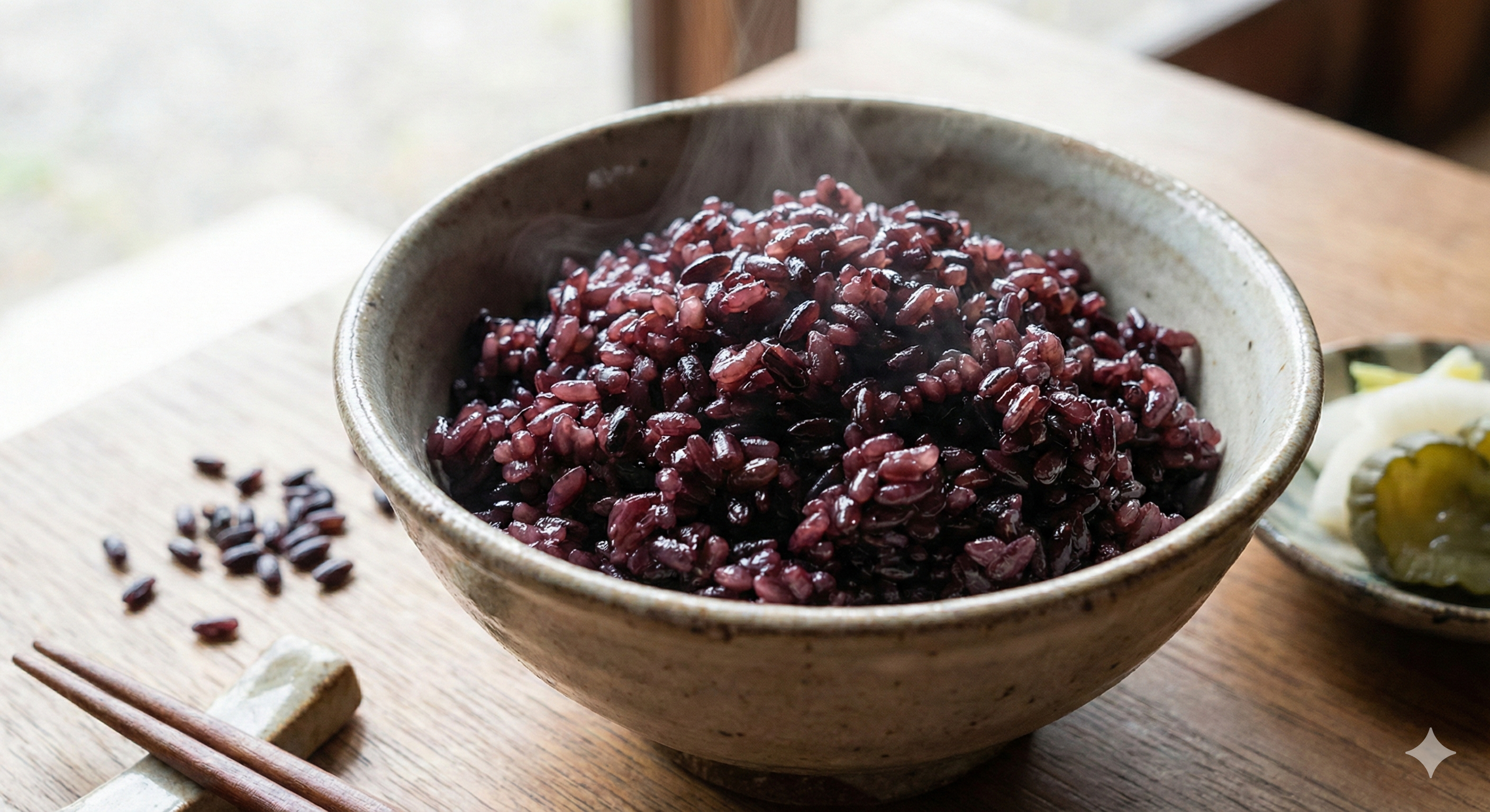 炊き上がった美しい黒米ご飯