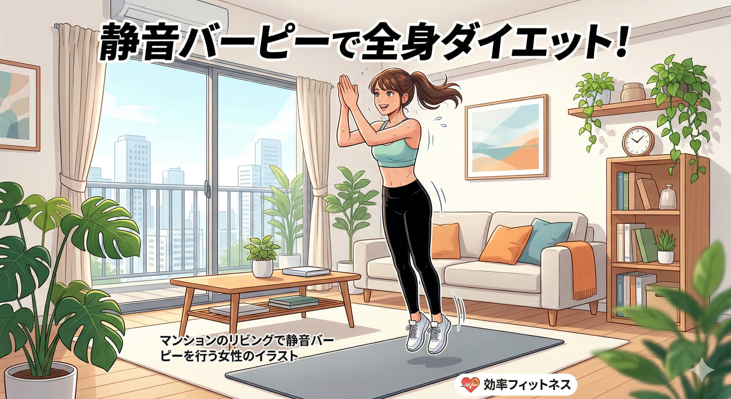 マンションのリビングで静音バーピーを行う女性のイラスト