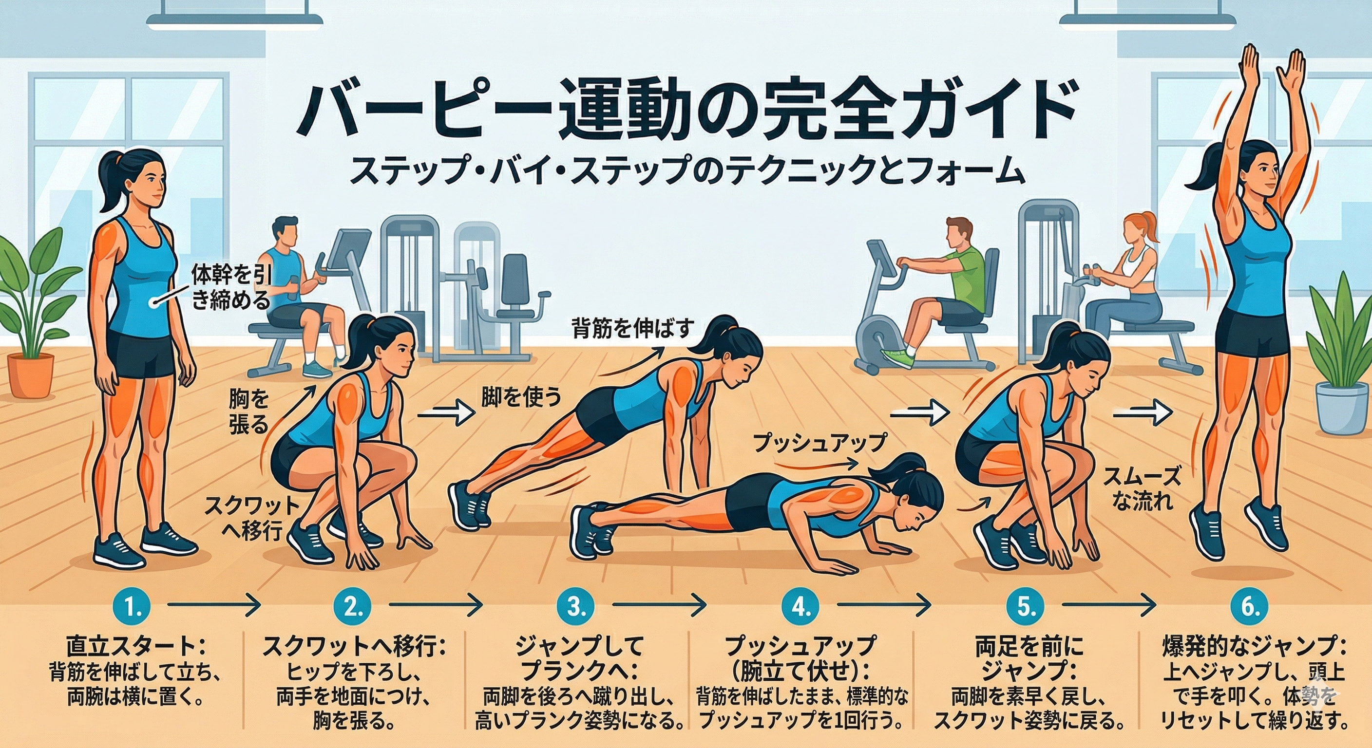 静音バーピーのステップをイラストで示す
