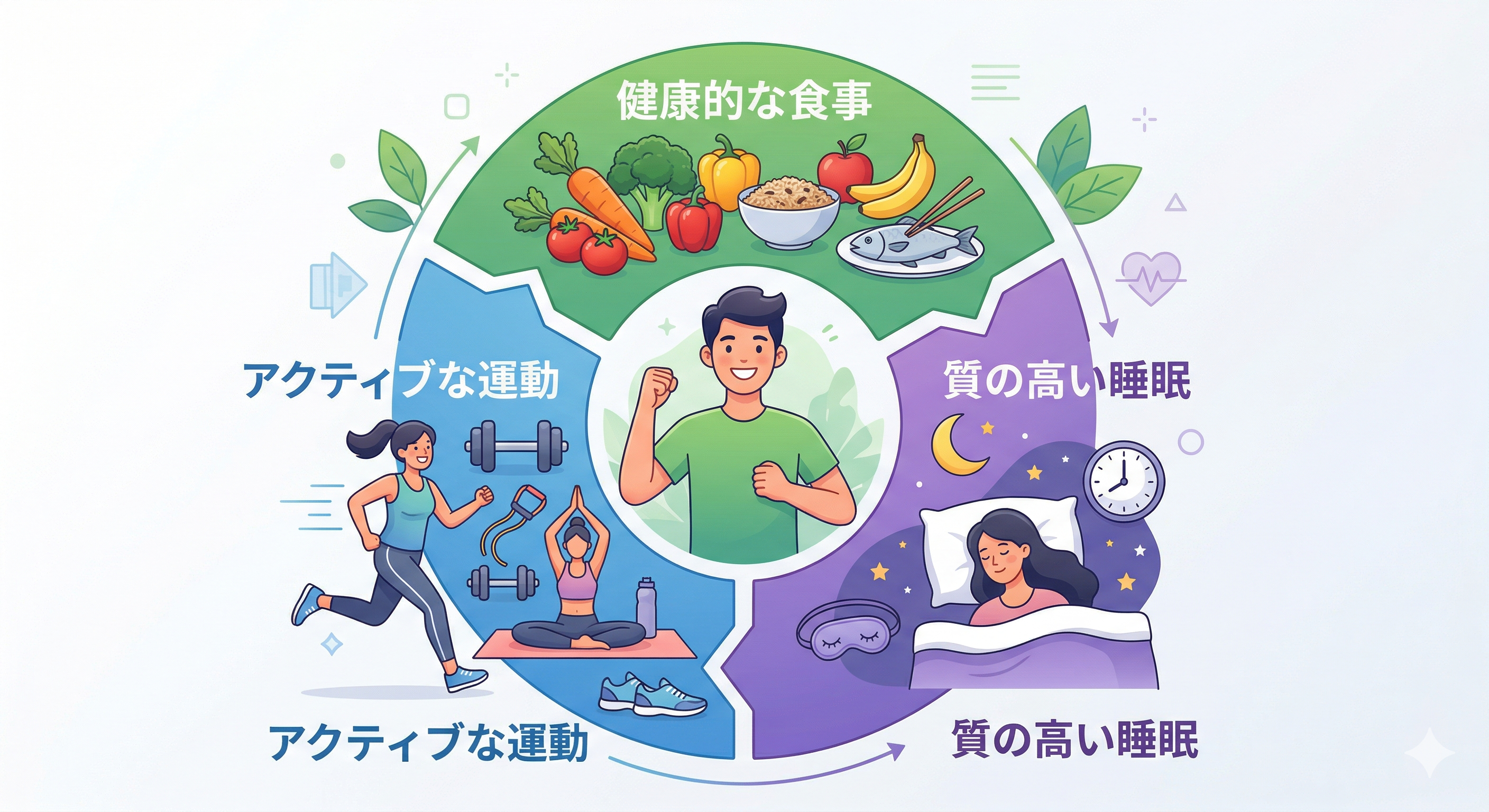 食事と運動、睡眠のバランスを表すイラスト