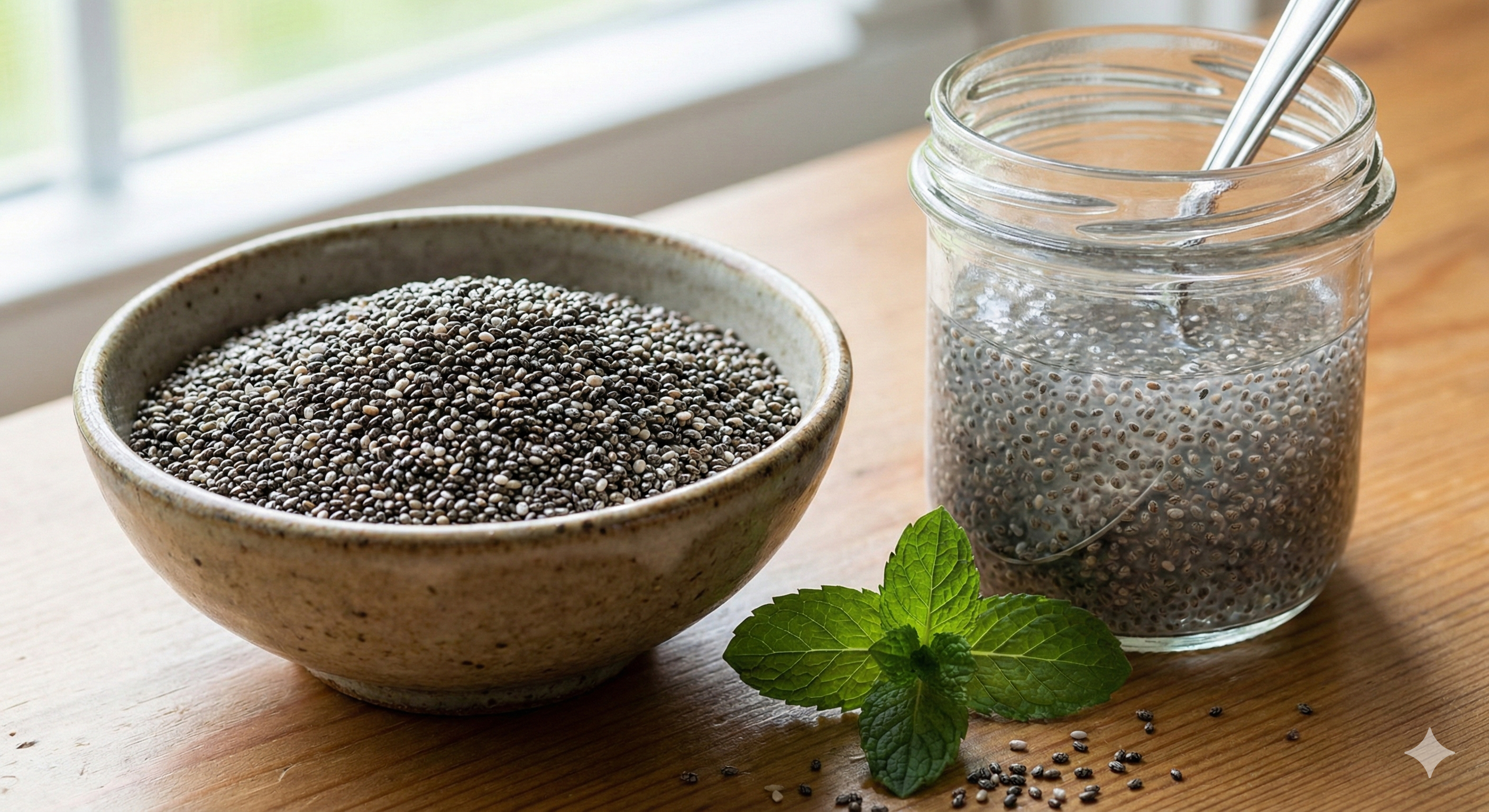 スプーンに乗ったチアシードと水で戻した様子