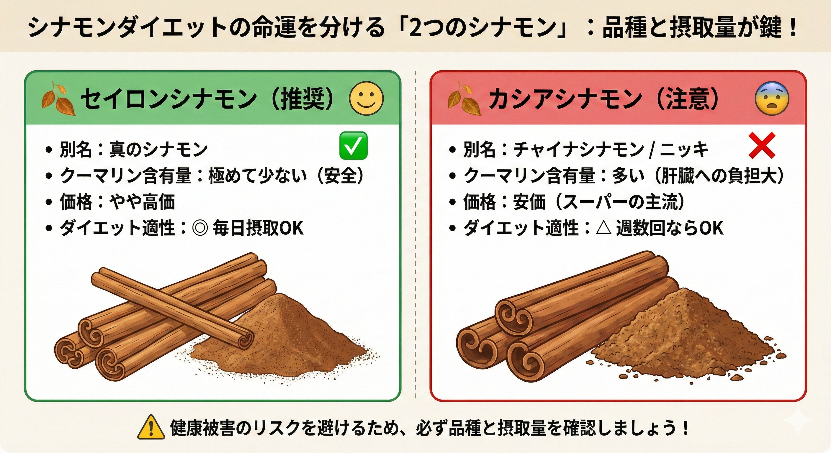 セイロンシナモンとカシアシナモンの比較