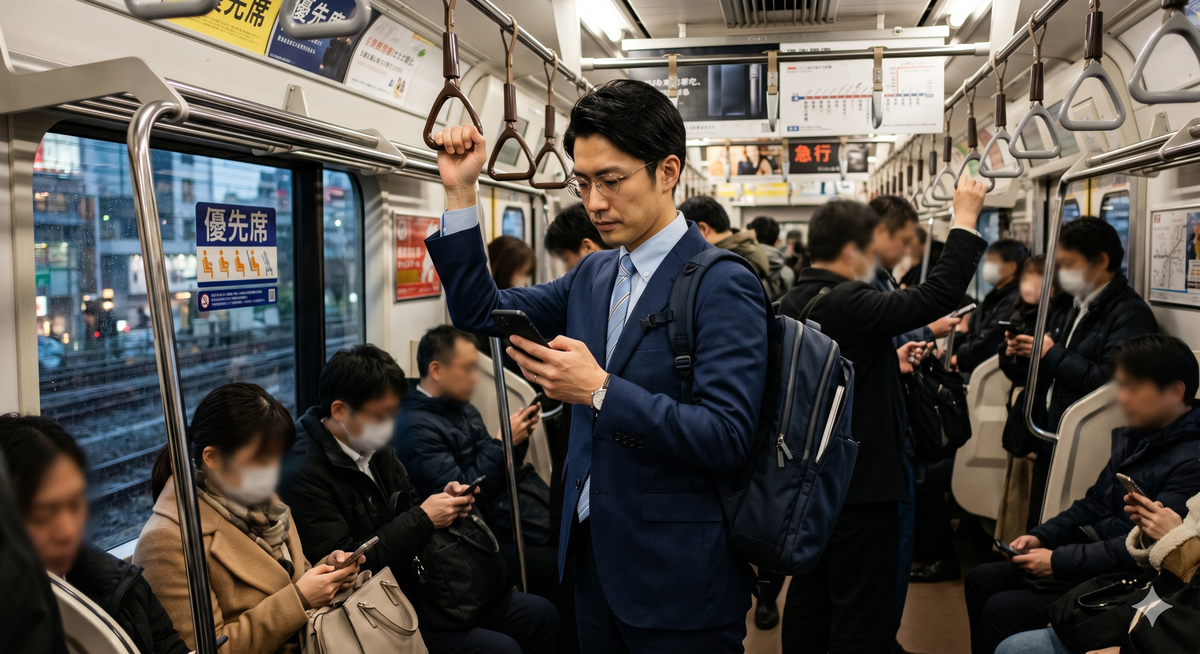 通勤電車で賢く立つ会社員のイメージ