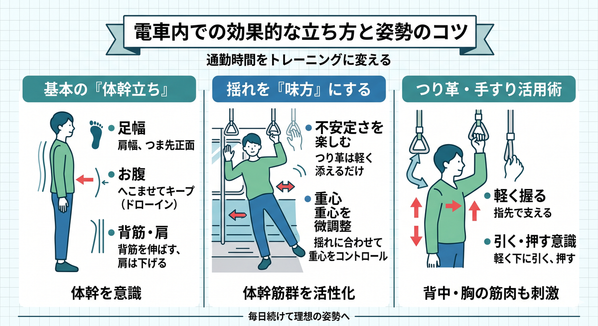 電車内で正しい姿勢を意識して立つ人々