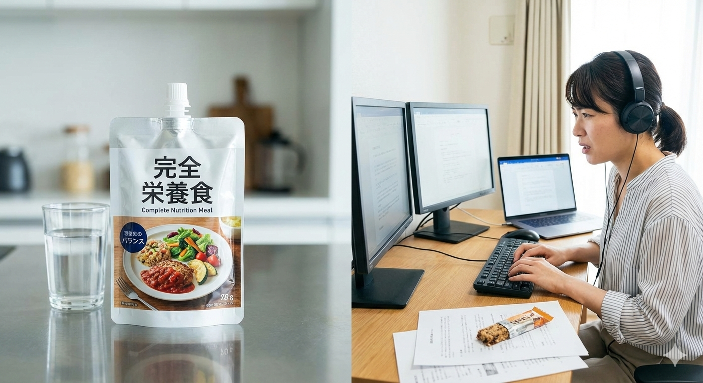 完全栄養食のパッケージと忙しい在宅ワーカーの対比