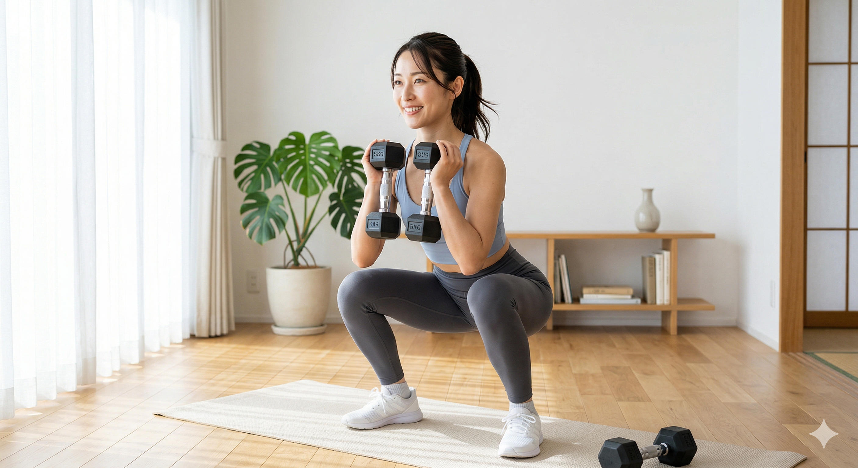 自宅でダンベルスクワットをする女性