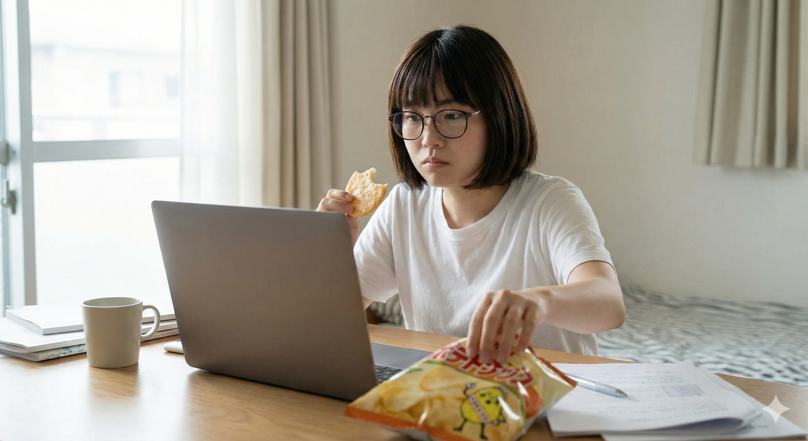 PC画面を見つめながら無表情でお菓子を食べる女性