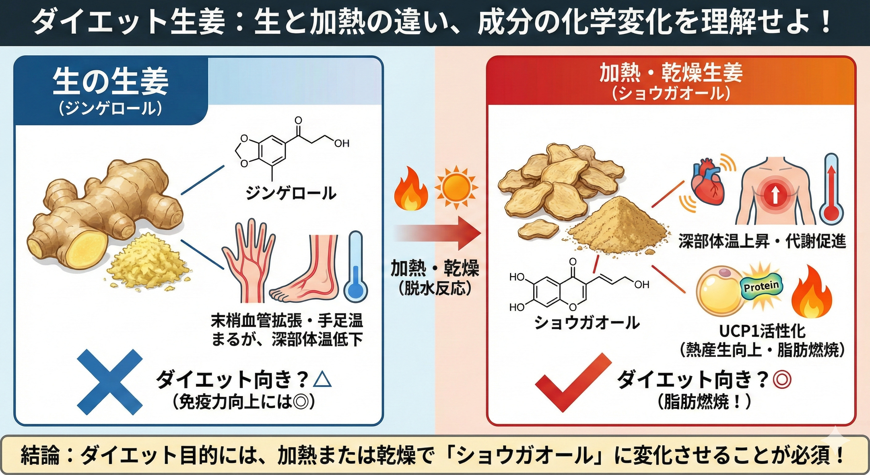 ジンゲロールとショウガオールの変化図解