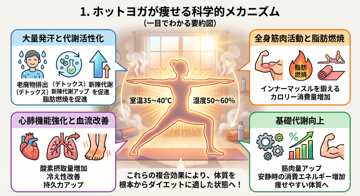 ヨガのポーズをとる女性と発汗のイメージ