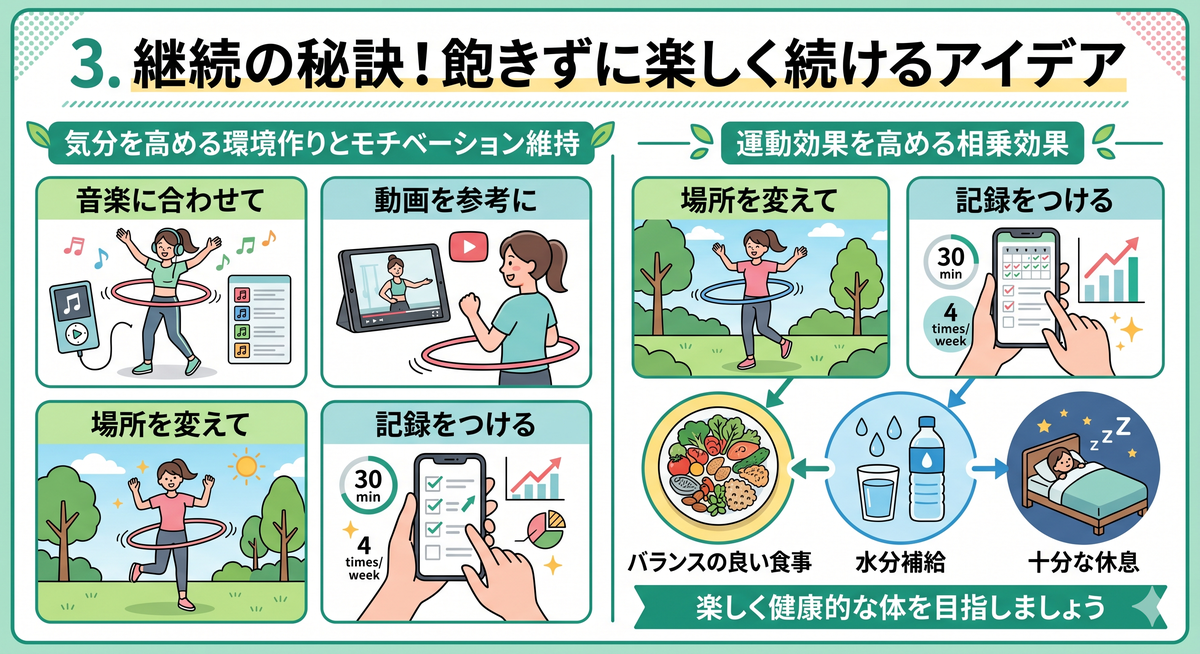 明るい部屋でフラフープを回しながら笑顔で運動する女性