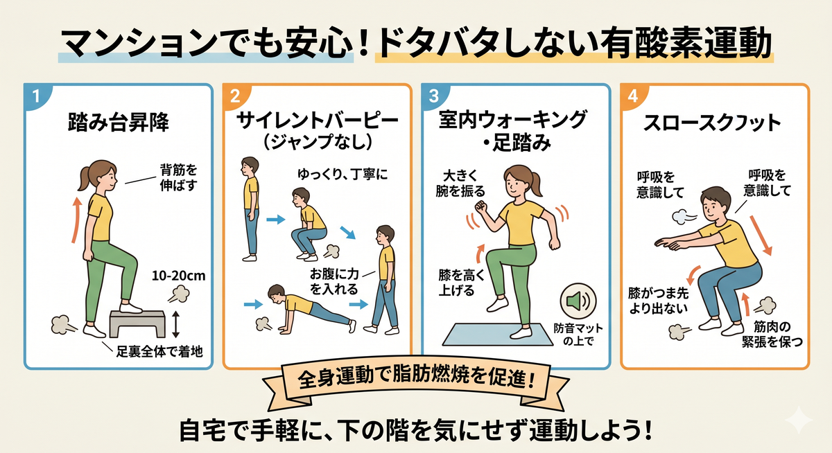 室内で静かに運動する人のイメージ