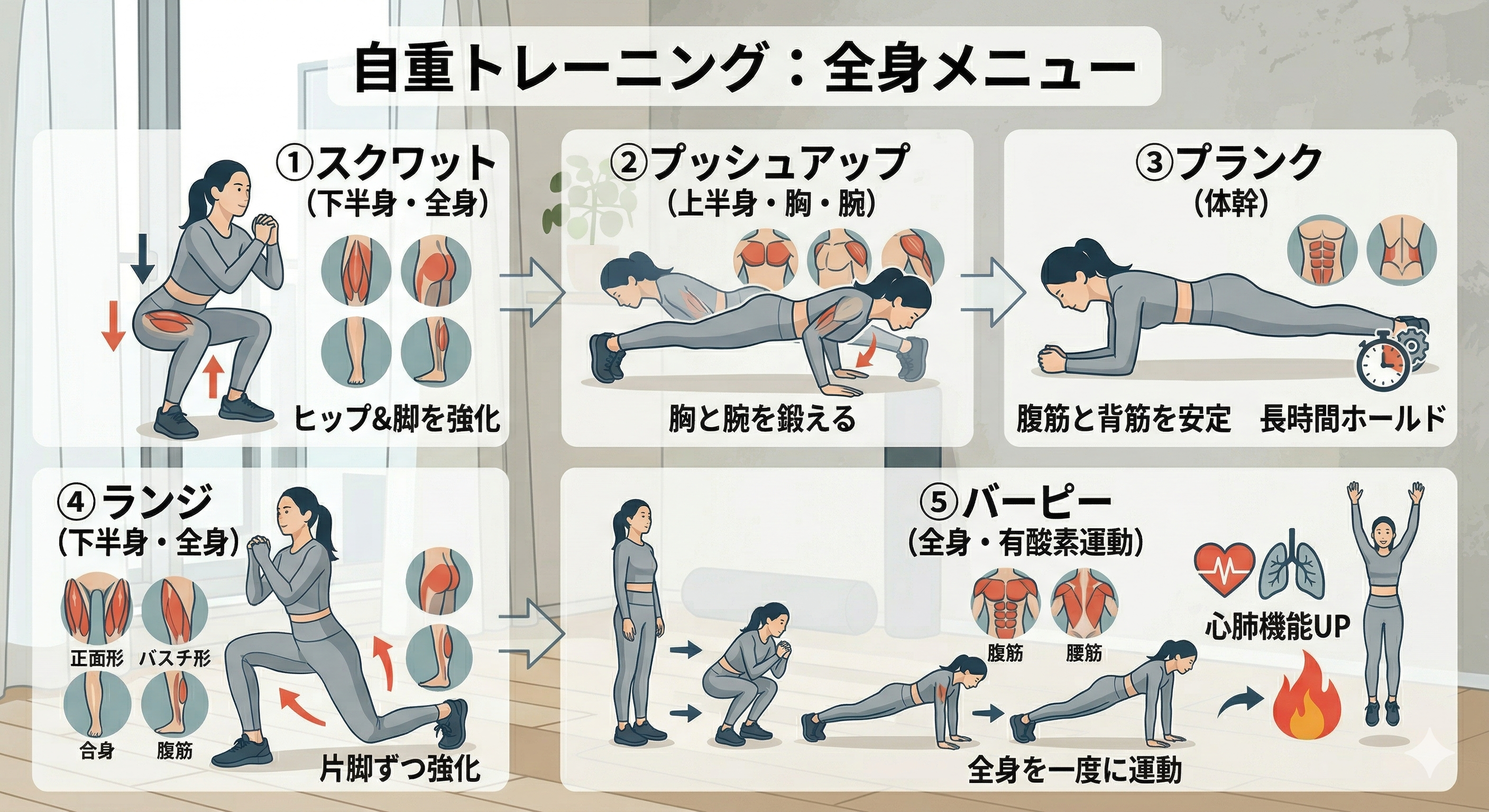 自重トレーニングの具体的なメニュー例