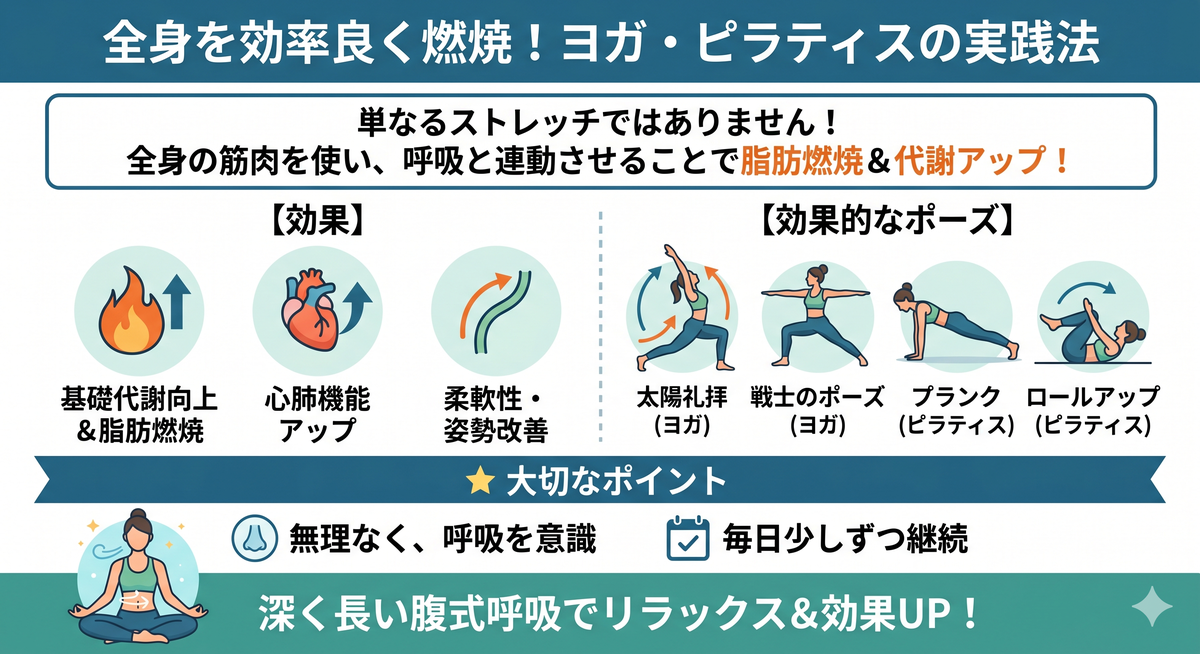 ヨガのポーズで全身を伸ばしている女性のイメージ