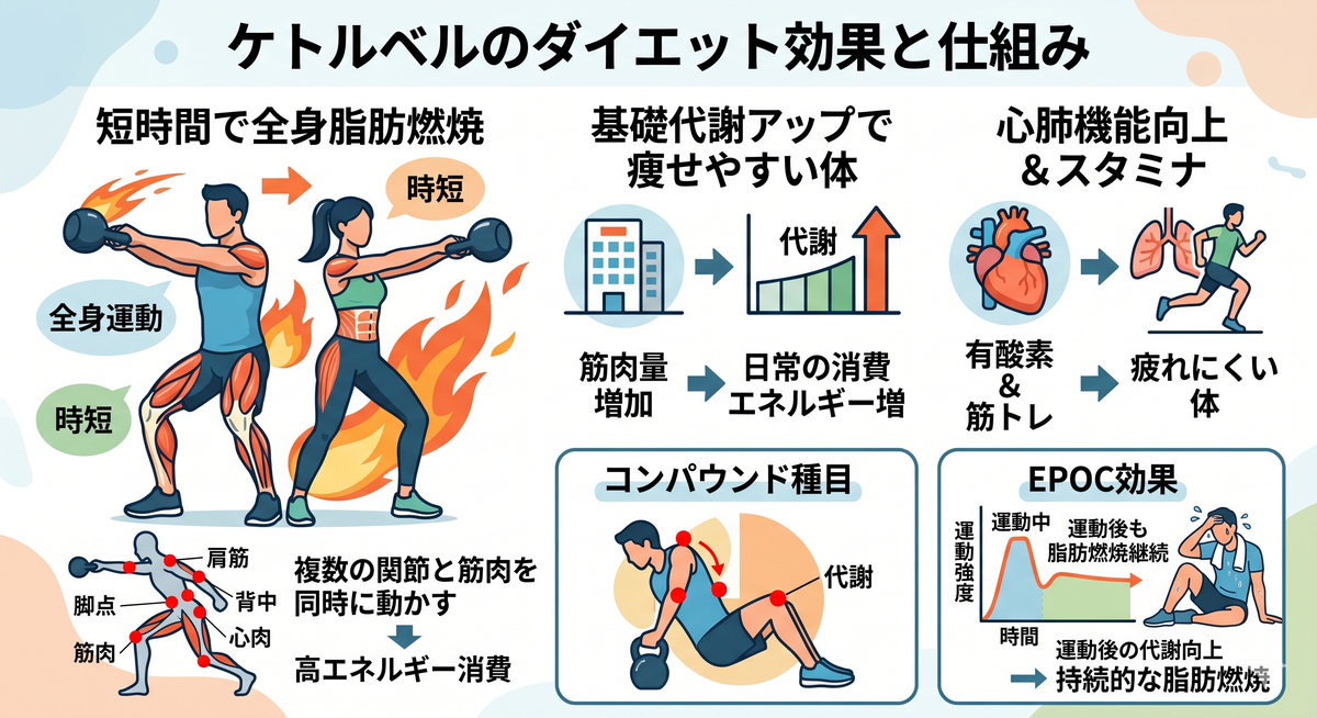 トレーニング中の女性がケトルベルを振り上げている様子。力強く全身を使っている。