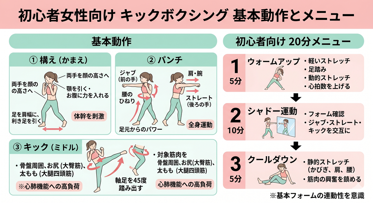 キックボクシングでパンチを放つ、全身の筋肉を連動させた女性のイメージ