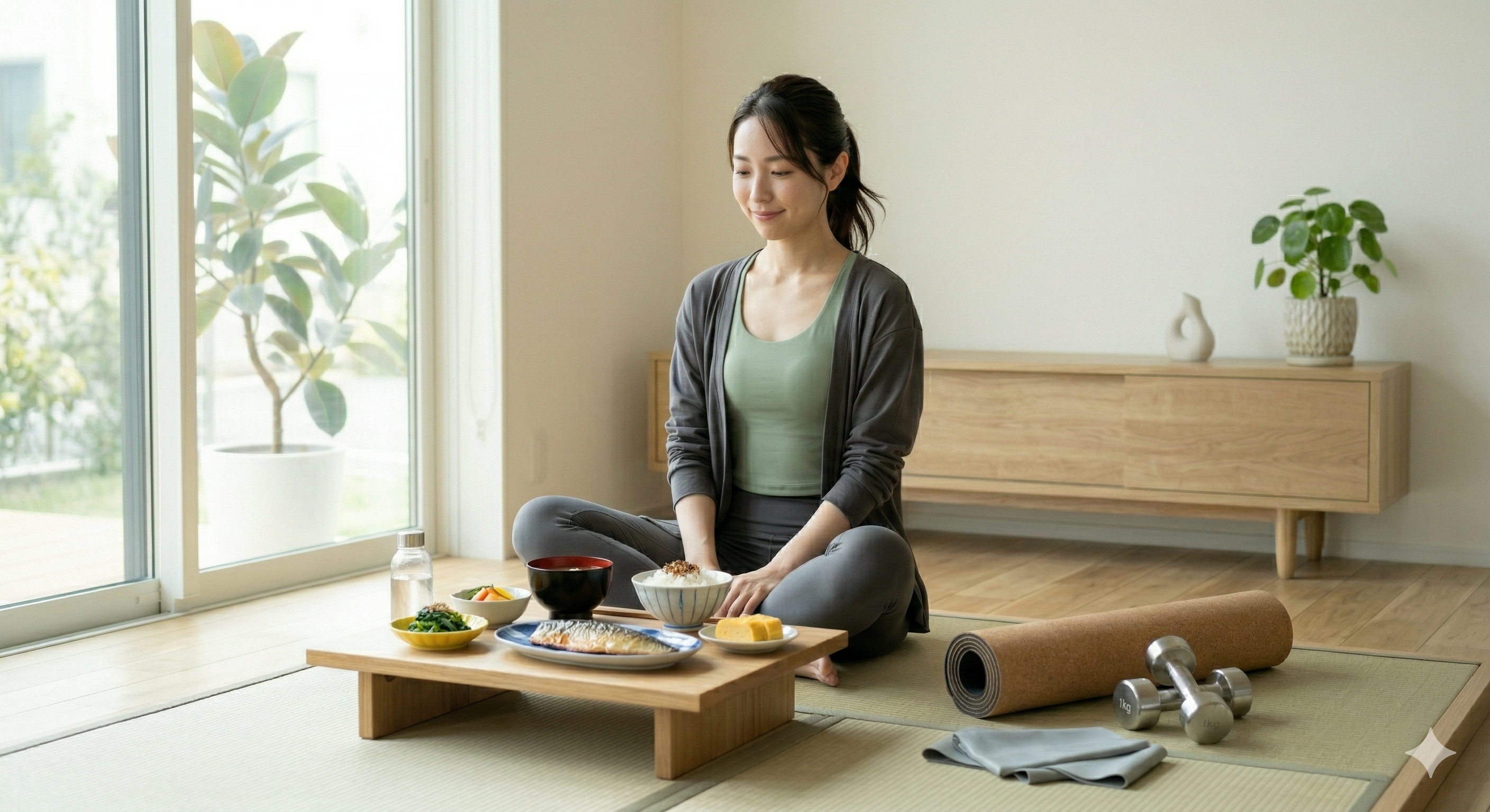 バランスの取れた食事と運動器具が並べられた様子