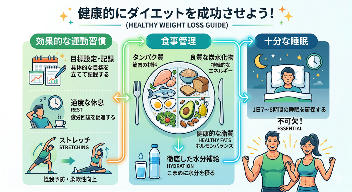 健康的な食事と運動を組み合わせたライフスタイルを表すイラスト