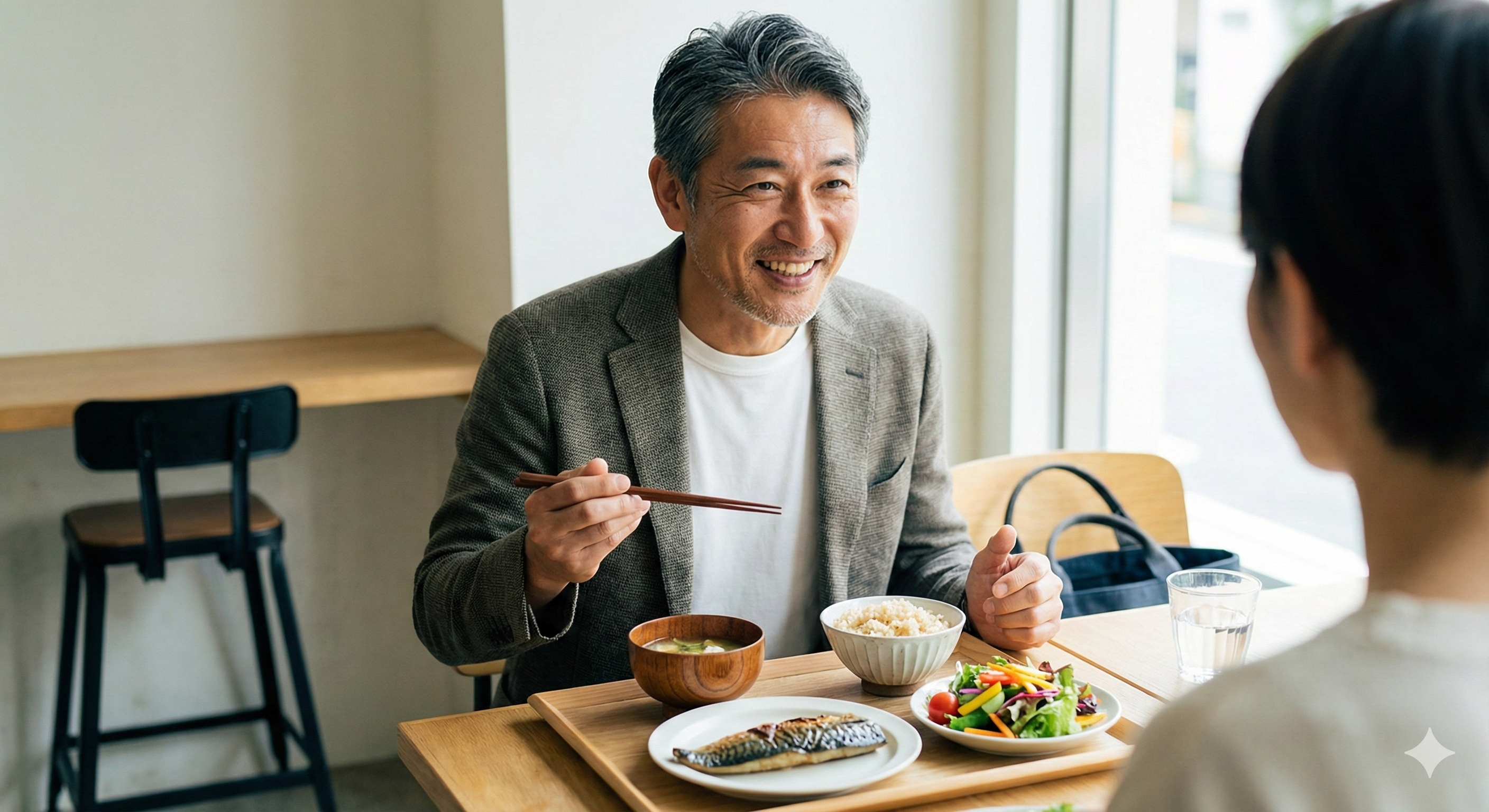 自信に満ちた中高年男性と健康的な食事