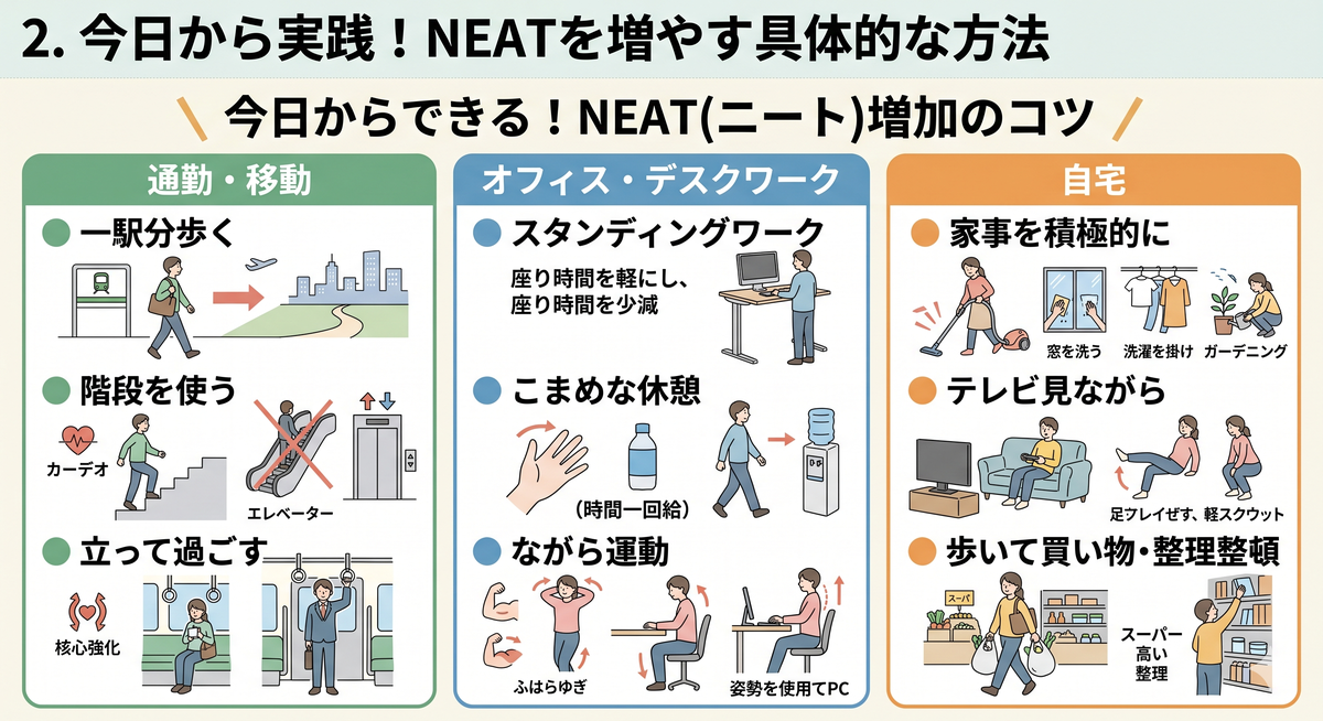 日常生活の様々な場面でNEATを実践するイラスト