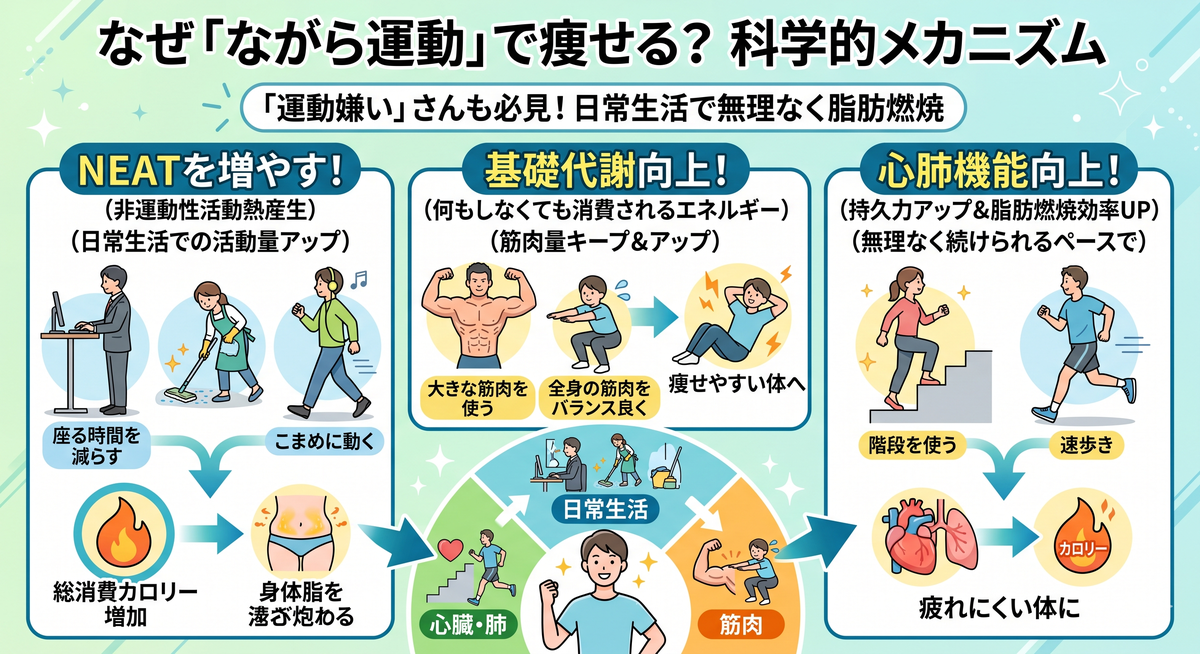 日常生活での活動が脂肪燃焼を促すイメージ