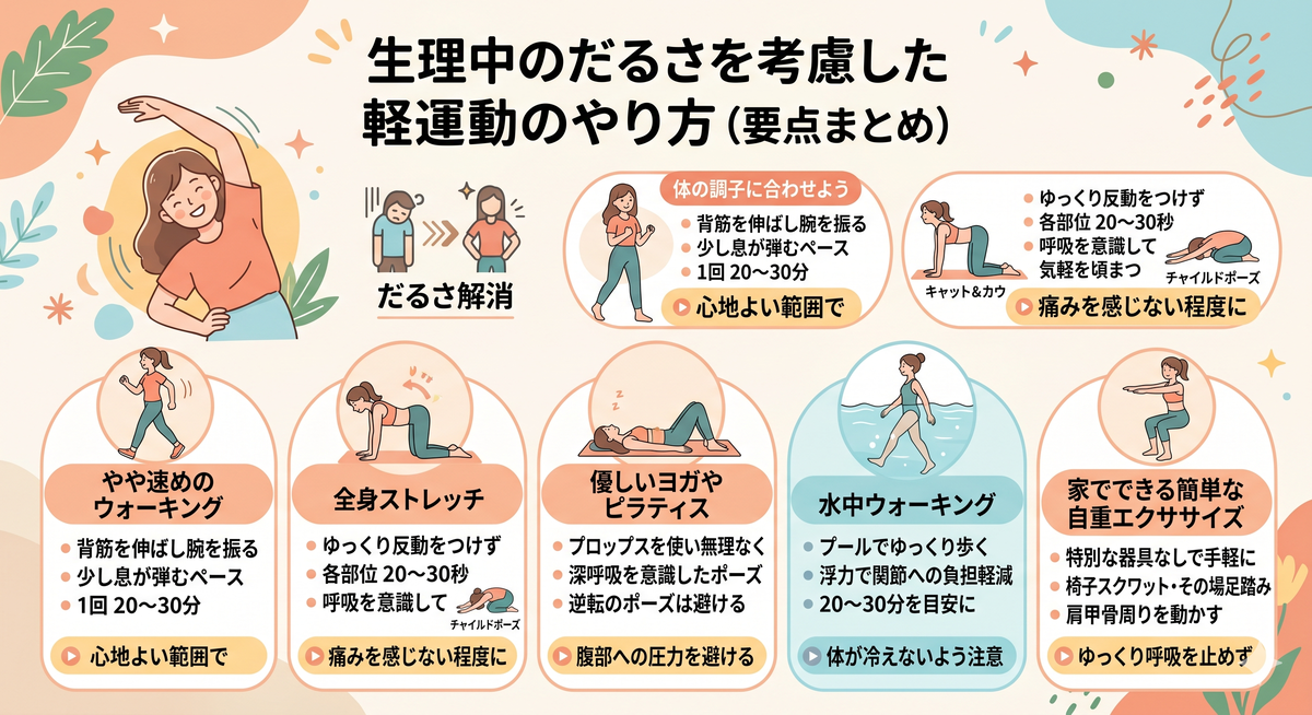 生理中に優しいウォーキングやストレッチをしている女性