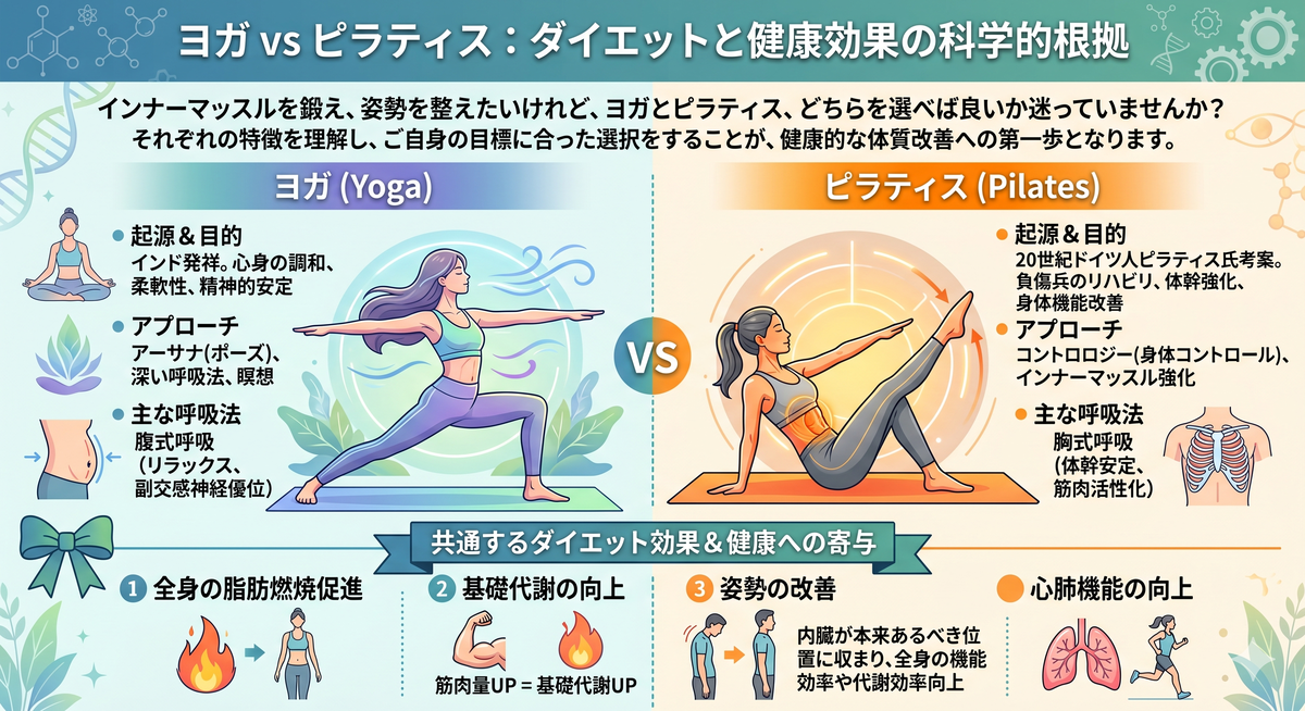 ヨガとピラティスの呼吸法と主な効果を比較した図