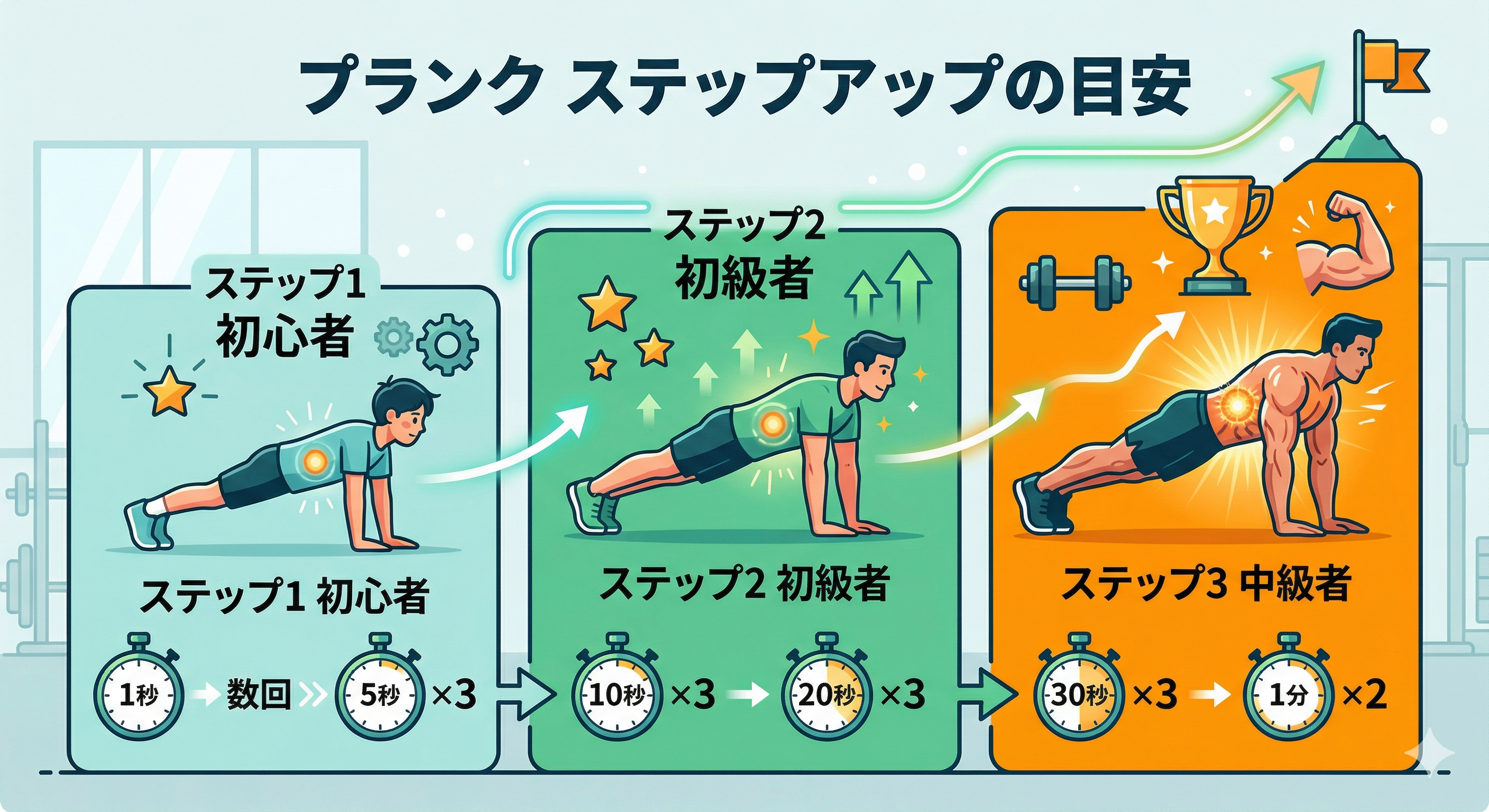 プランクの多様なアレンジと継続方法のイメージ