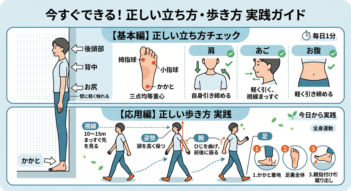 正しい立ち方と歩き方を解説するイラスト