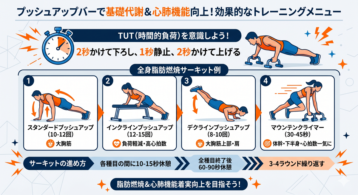 プッシュアップバーを使ったトレーニングメニューのイメージ
