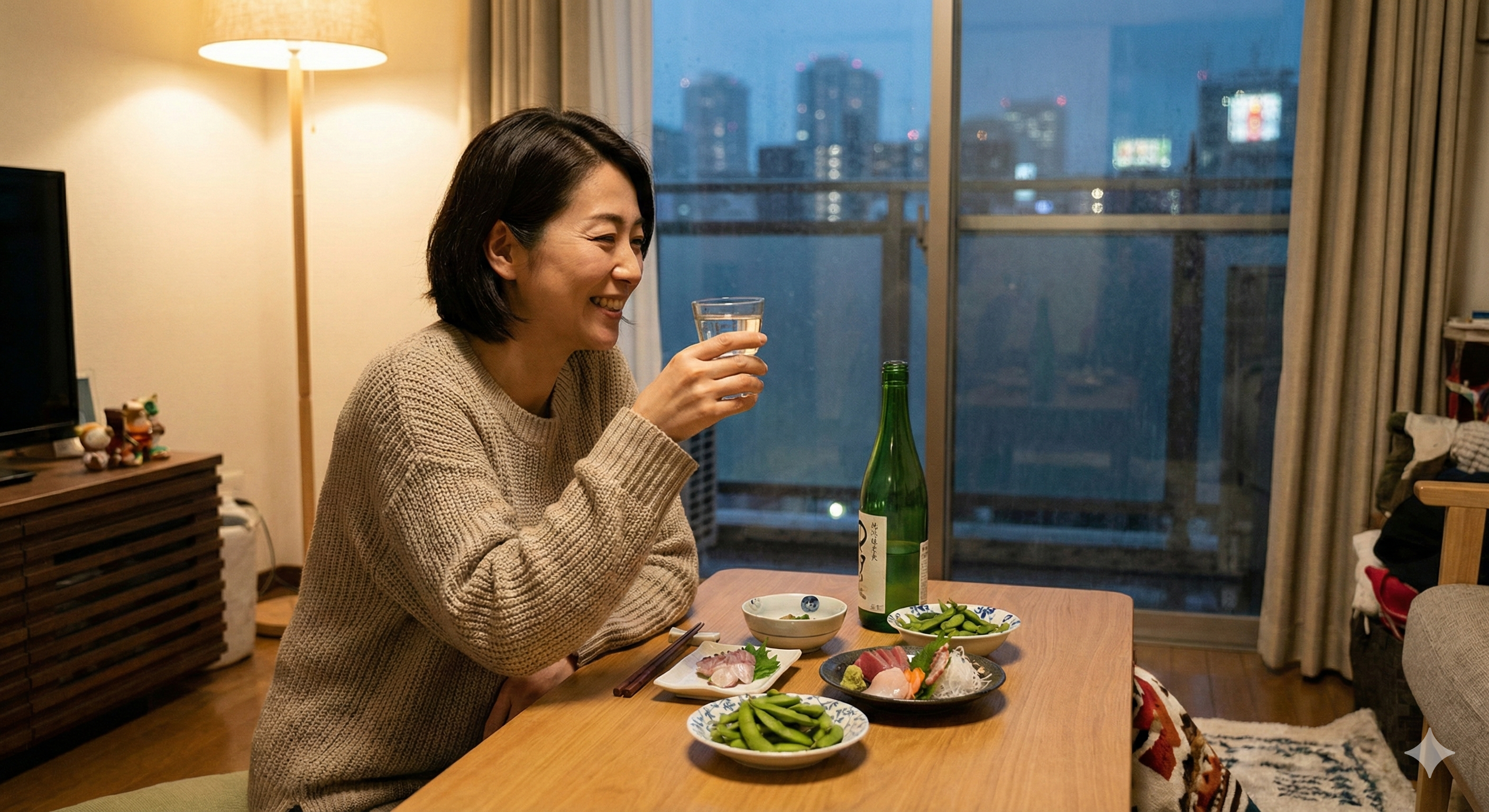 自宅で楽しくお酒を飲むが節制している様子