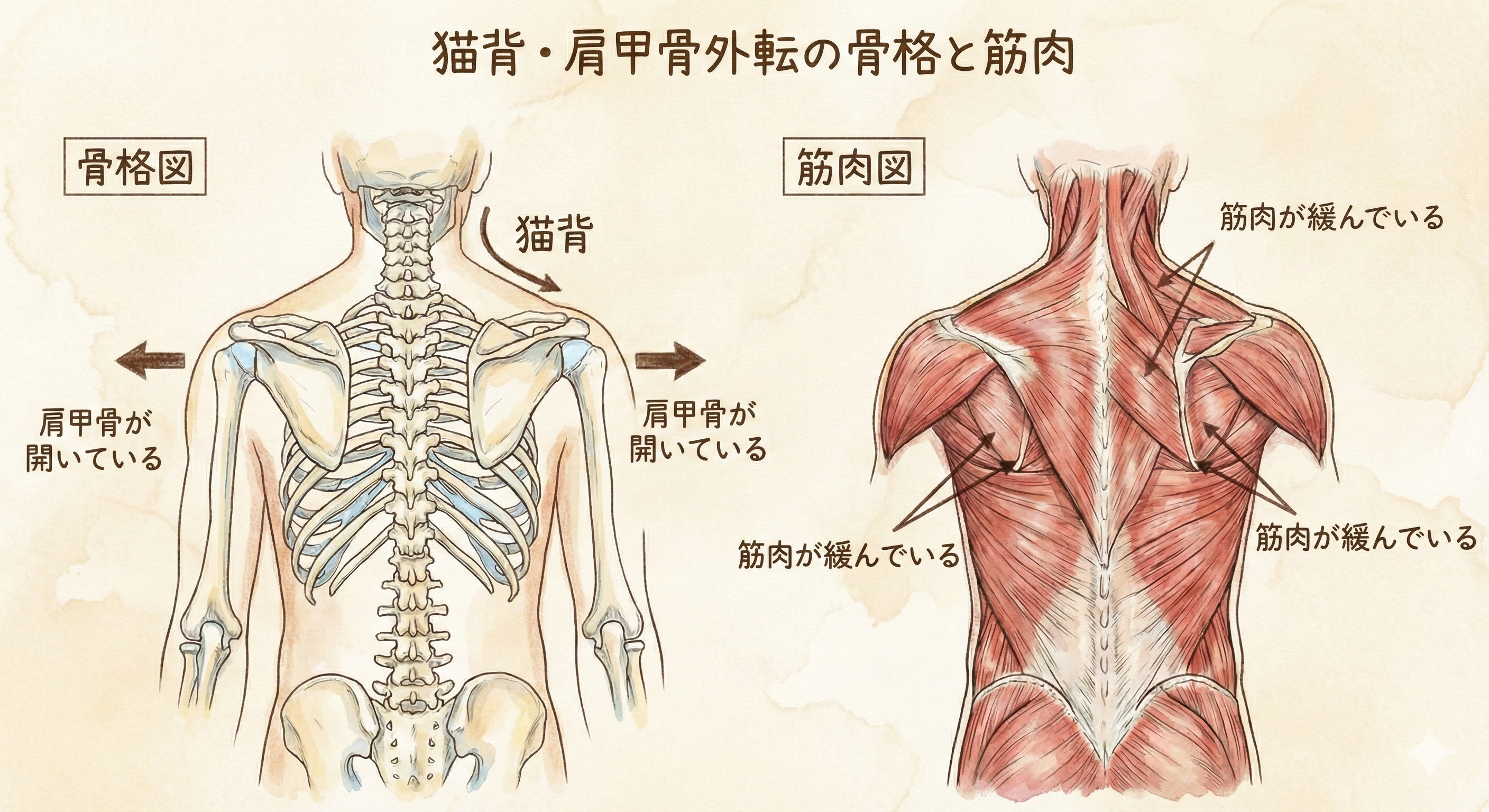 猫背で肩甲骨が開いている骨格と、筋肉が緩んでいる状態の図解