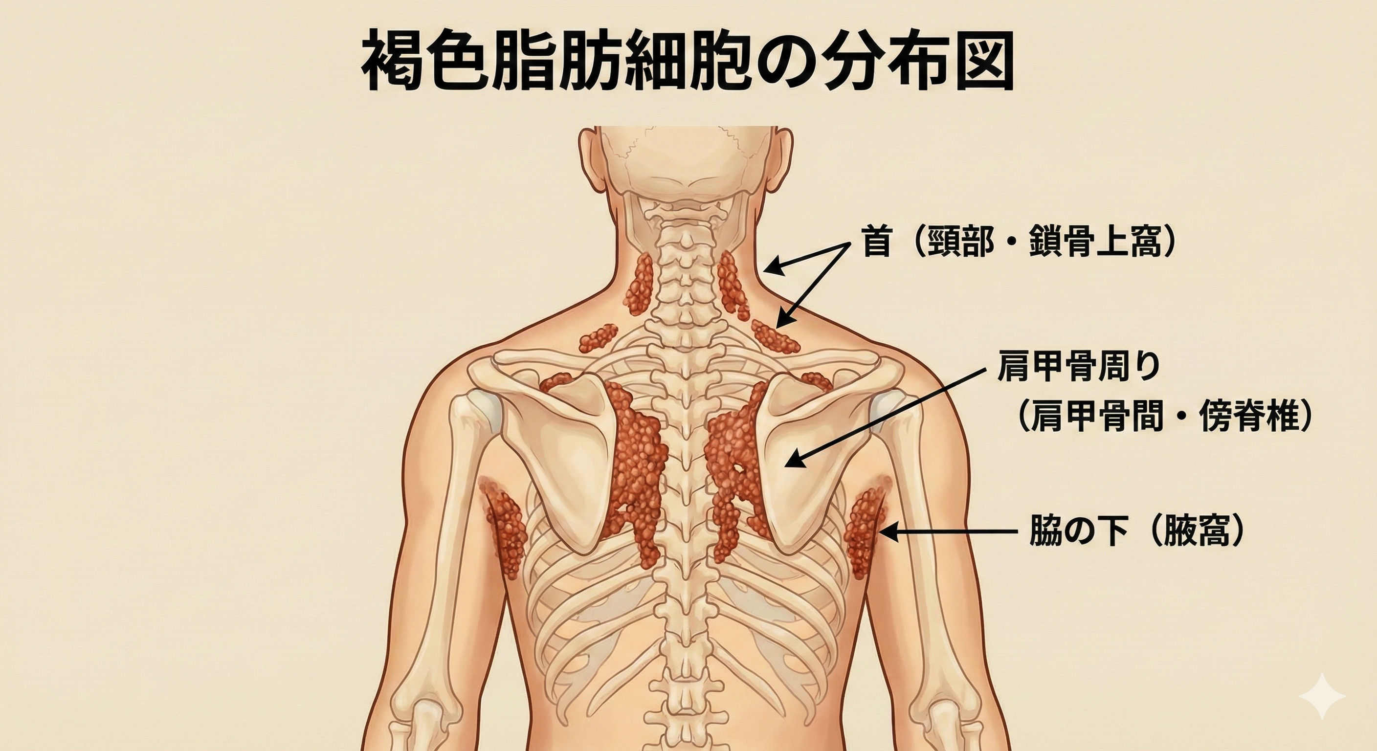 褐色脂肪細胞の分布図（首、肩甲骨周り、脇の下）