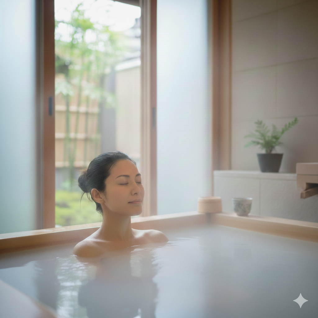 湯船に浸かってリラックスする人とサーモグラフィーのイメージ