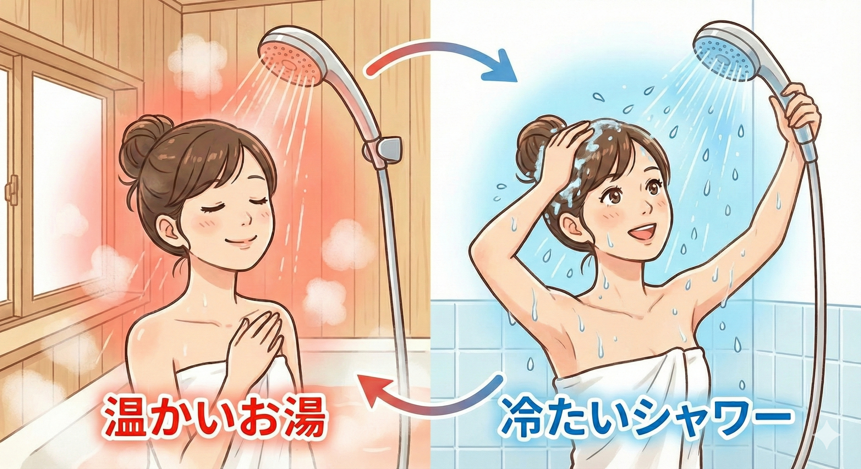 温かいお湯と冷たいシャワーを交互に浴びるイラスト
