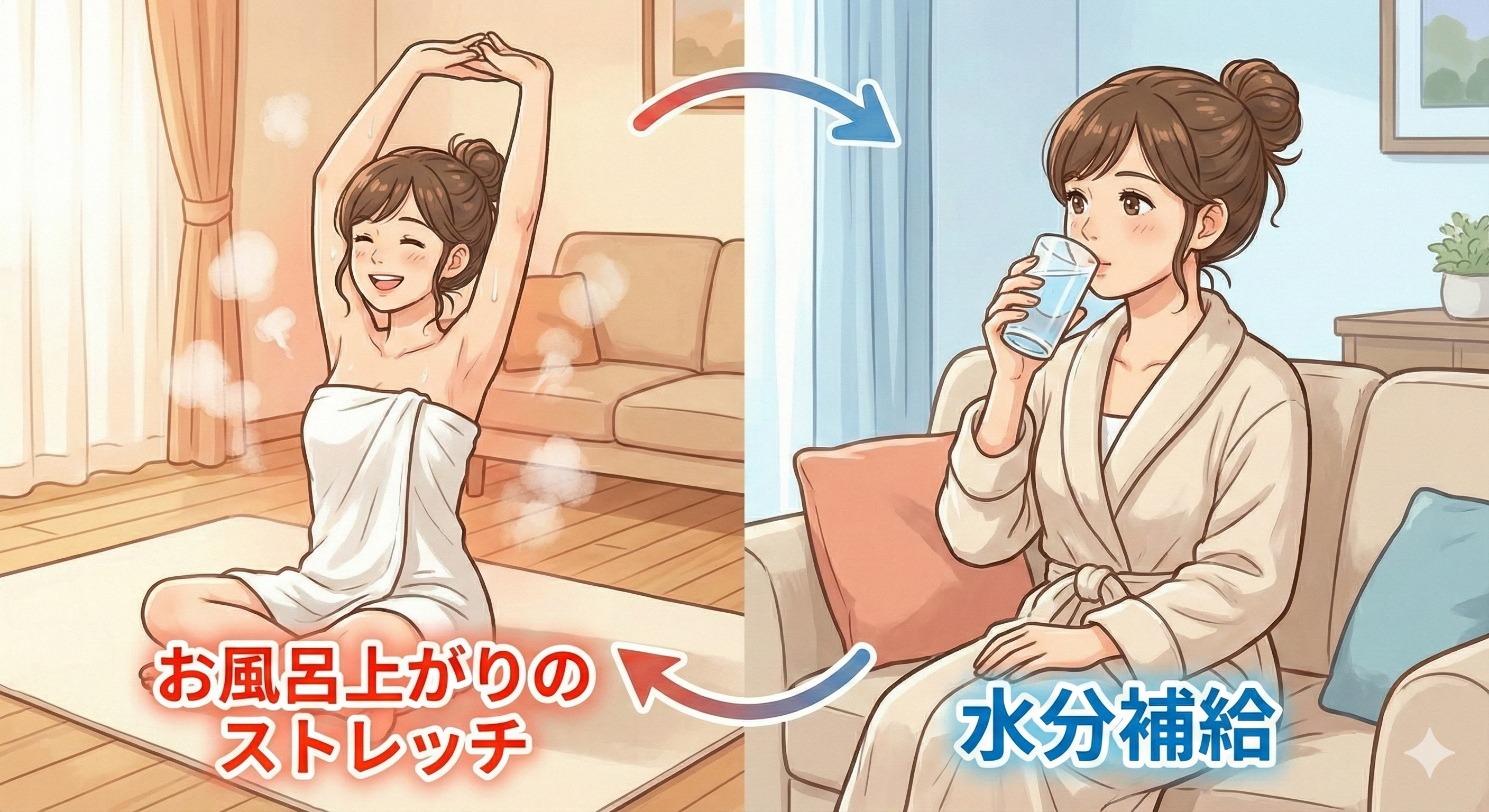 お風呂上がりにストレッチと水分補給をする様子