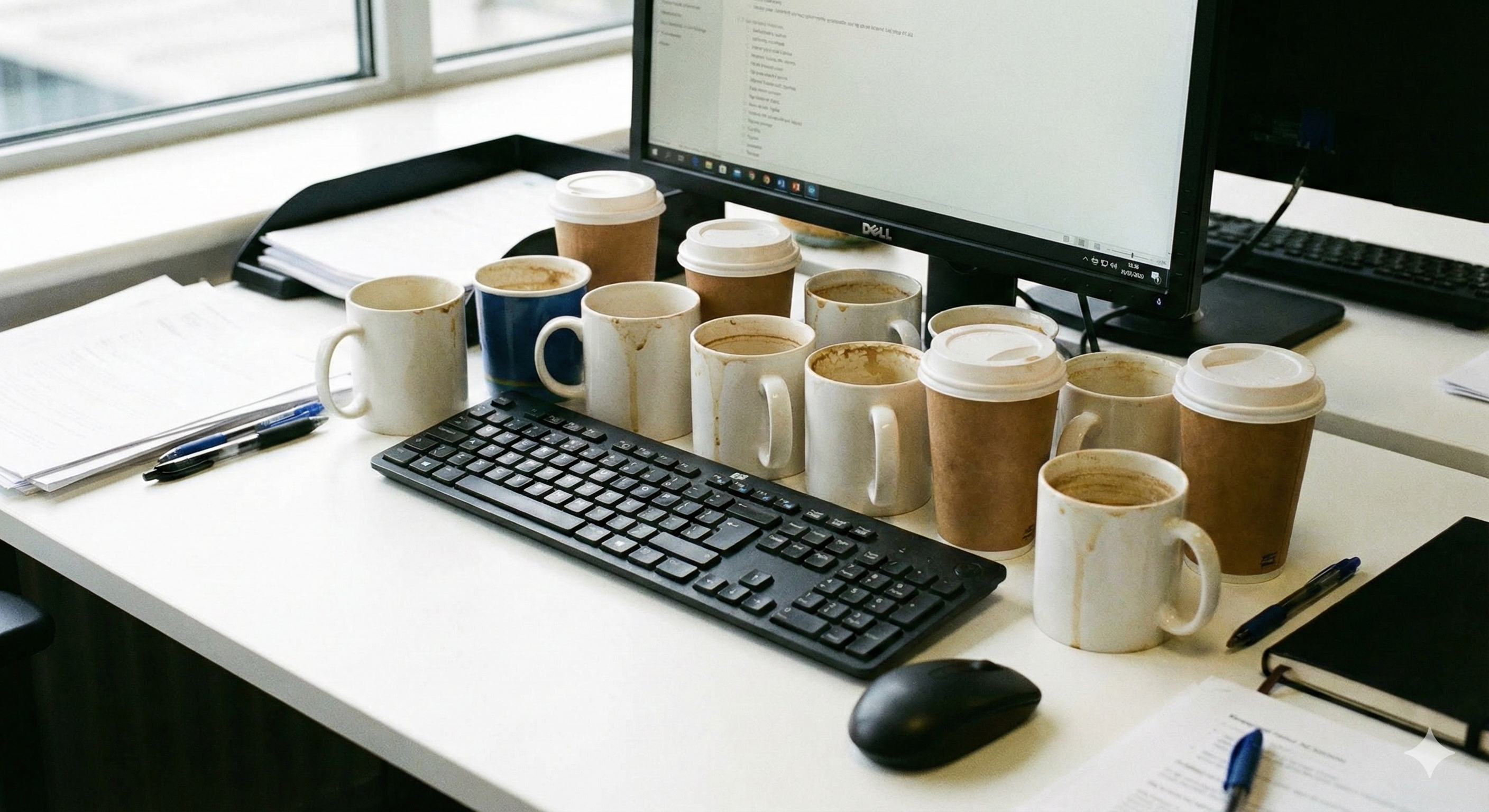 コーヒーカップが山積みになっているデスク