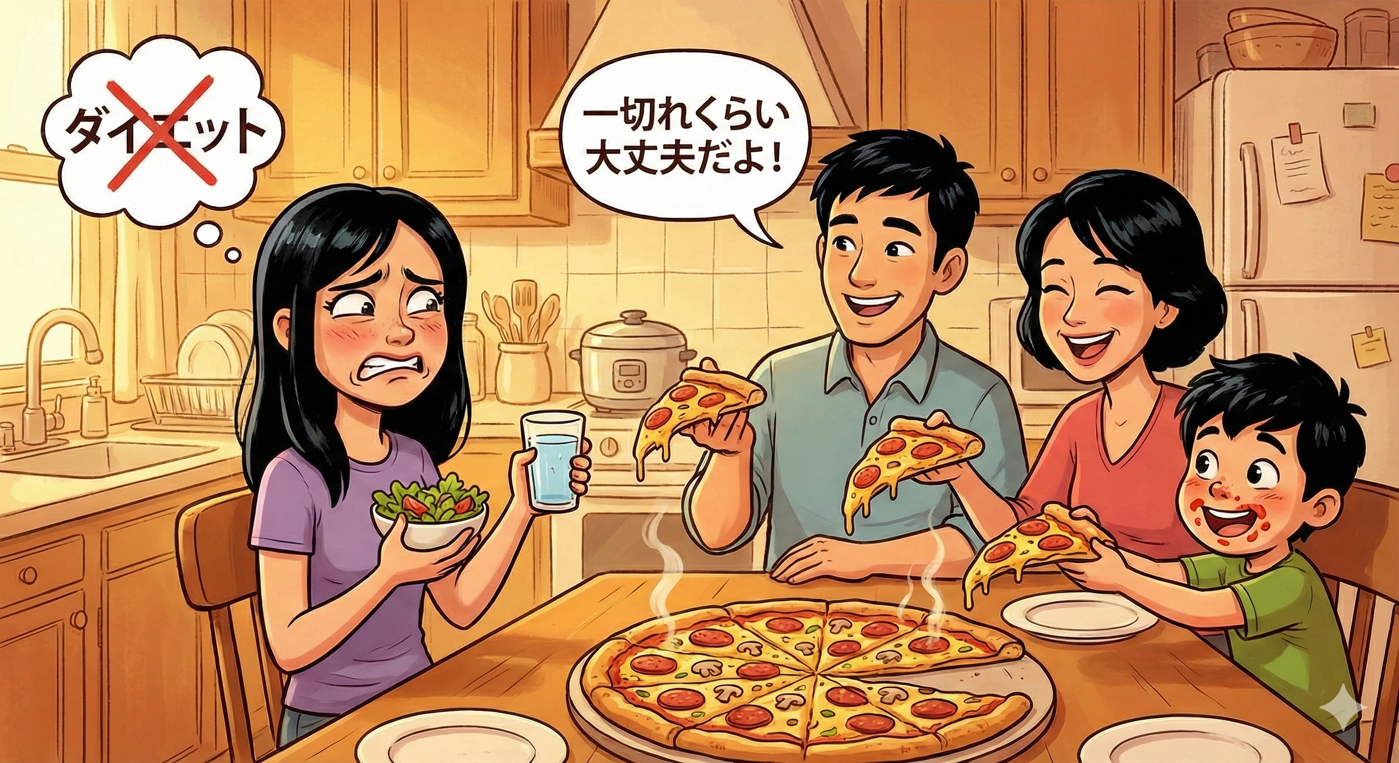 ダイエット中の自分に美味しそうなピザを勧めてくる家族のイラスト