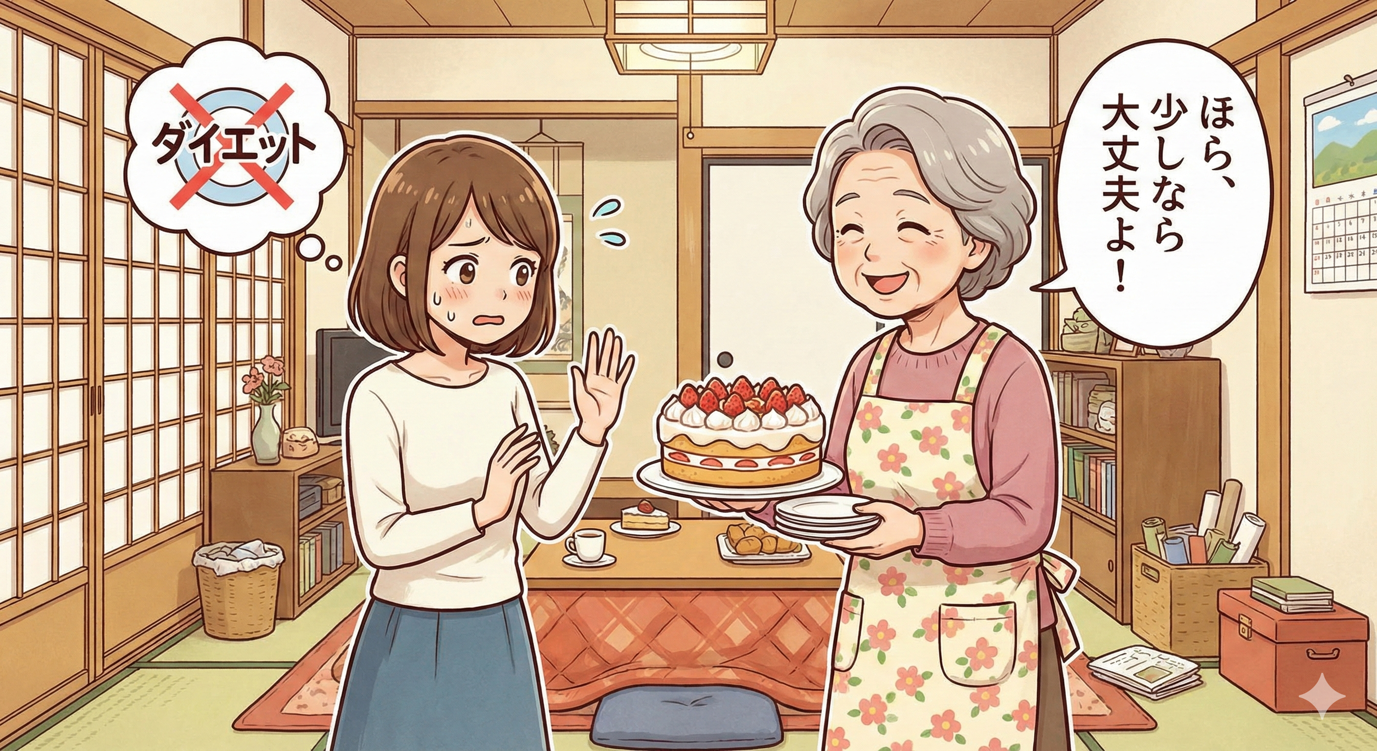 善意でお菓子を勧める人と、困惑するダイエッターの図