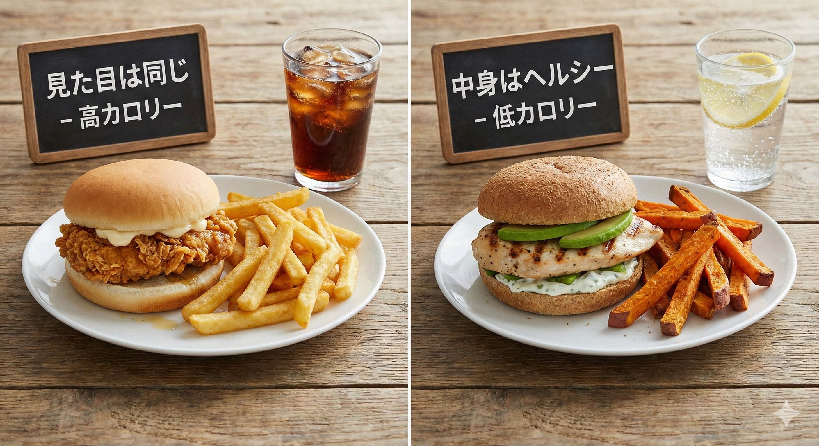 見た目は同じだが中身がヘルシーな食事の比較