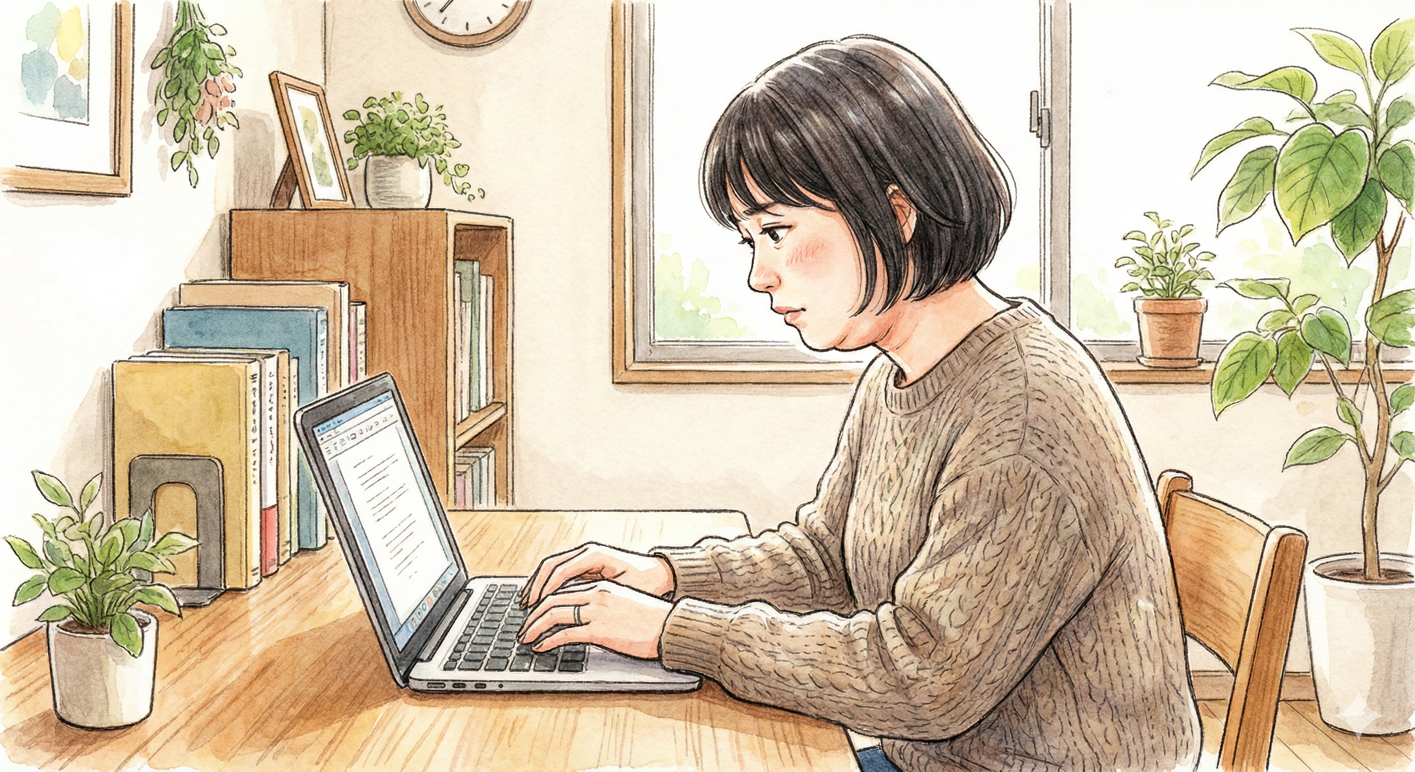 PC作業中にあごを引き、二重あごになっている様子