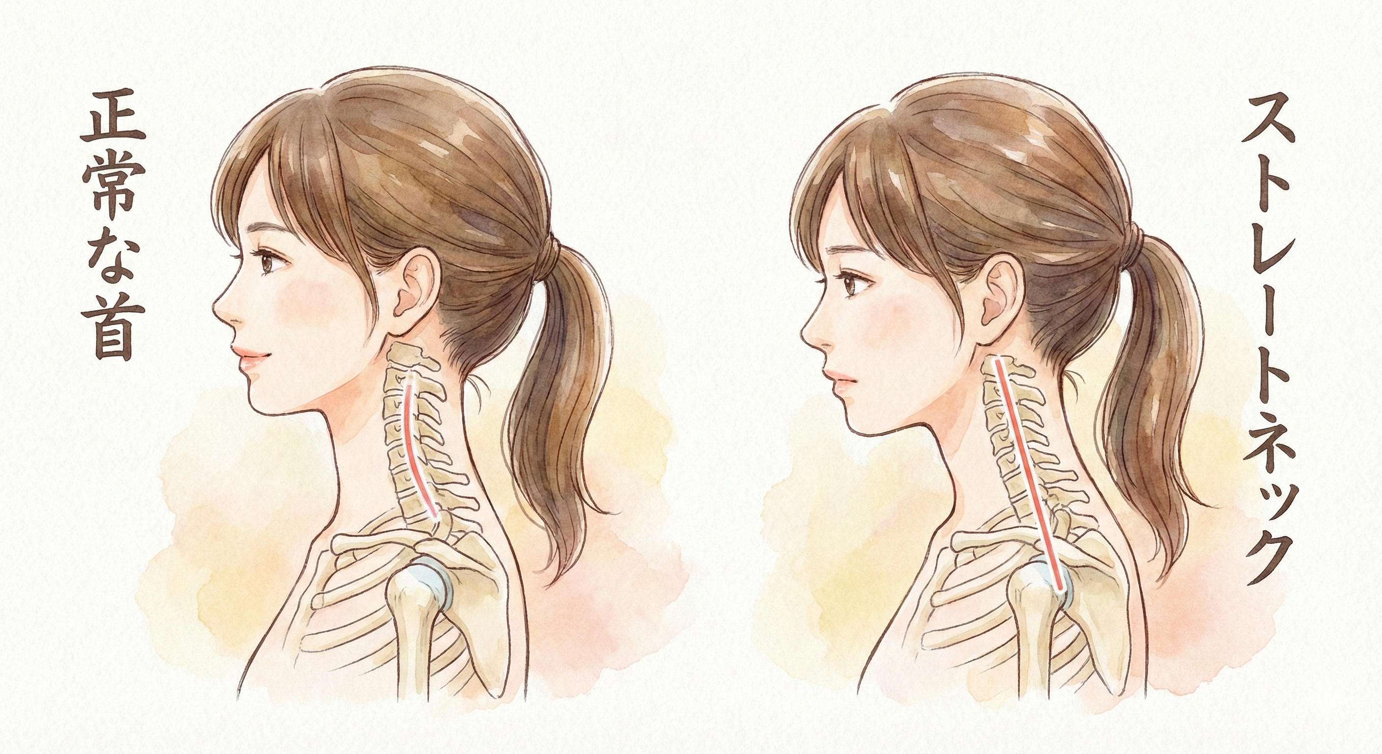 ストレートネックの状態と正常な首の比較図